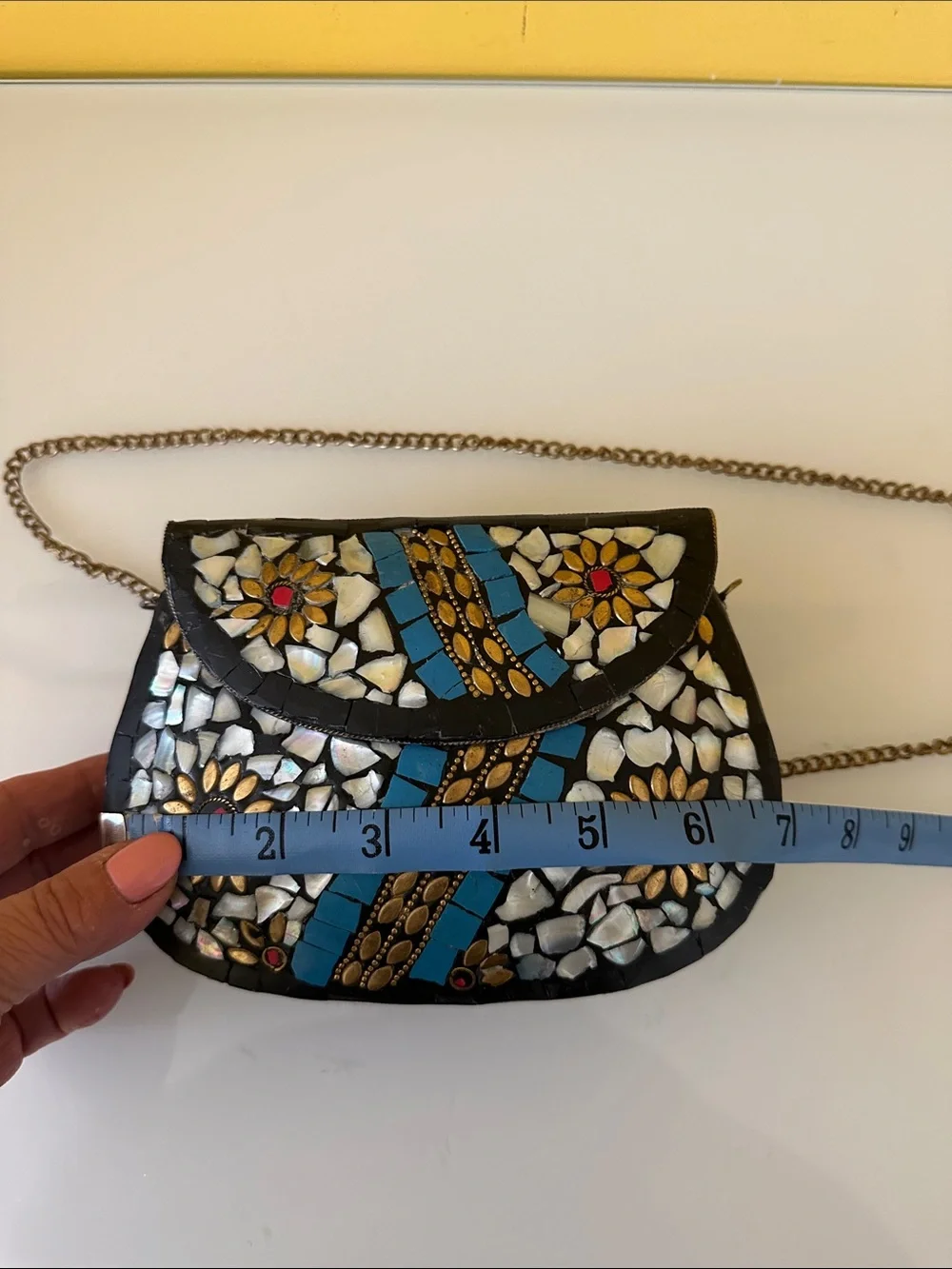 Handcrafted Moroccan Mosaic Flower Evening Boho Crossbody Bag in Blue and White